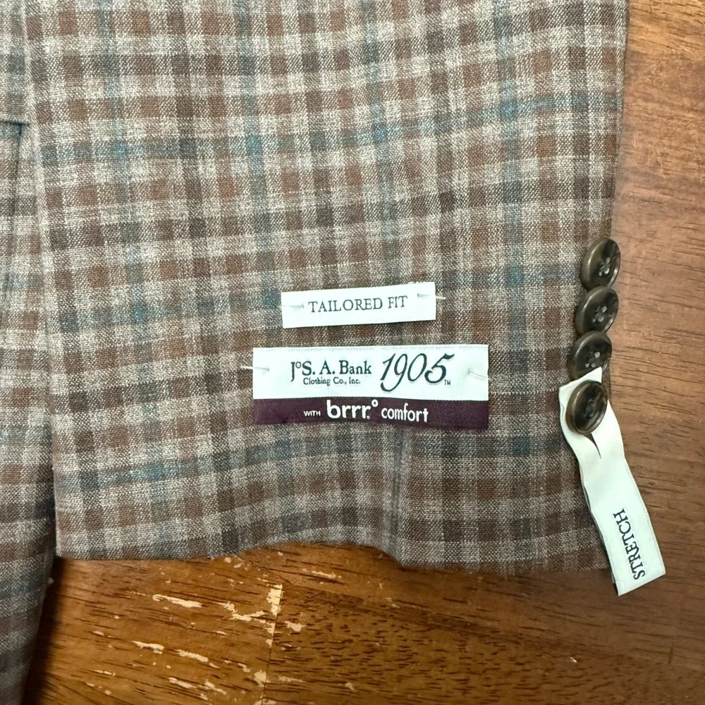 Jos. A. Bank Brrr Comfort Sport Coat Mens 46R Brown Plaid Wool Blend Tailored